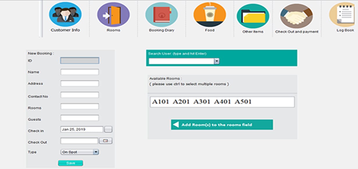 EZIERP hotel front desk screen with a new booking form and an available rooms field