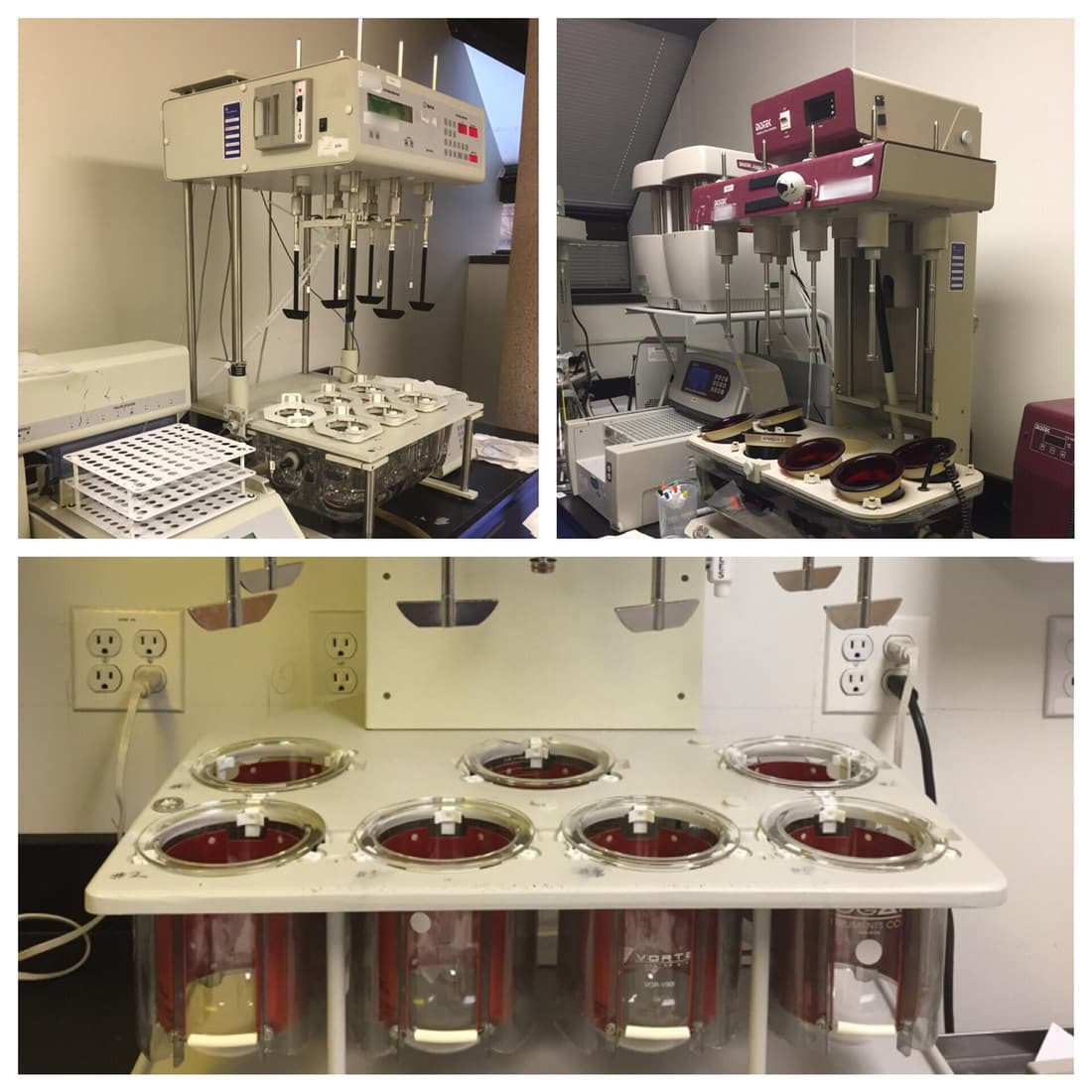 Dissolution testing units with vessels and paddles on a laboratory bench