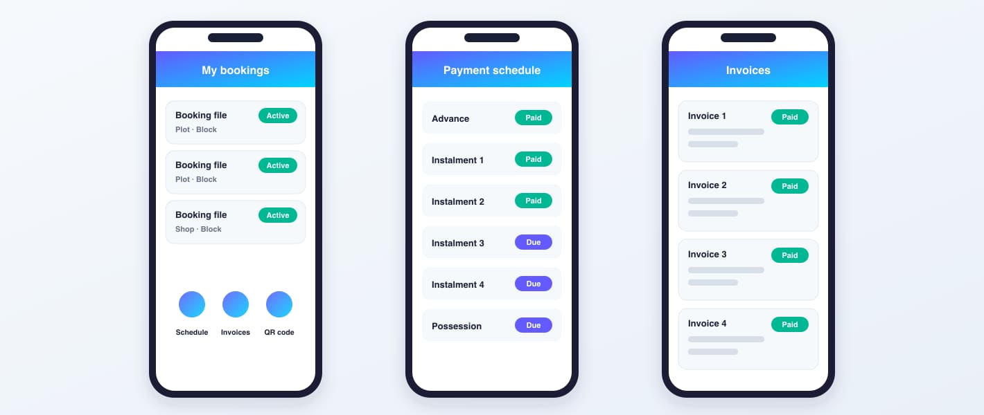 Three phone screens showing a client app with bookings, payment schedule and invoices
