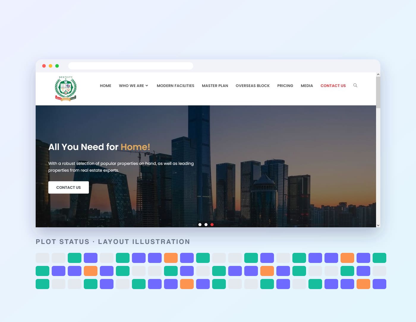 Browser window showing the Nest City project website, above a grid of plots coloured by booking status