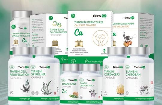 Tianshi food supplement jars and boxed powders arranged on a green studio background